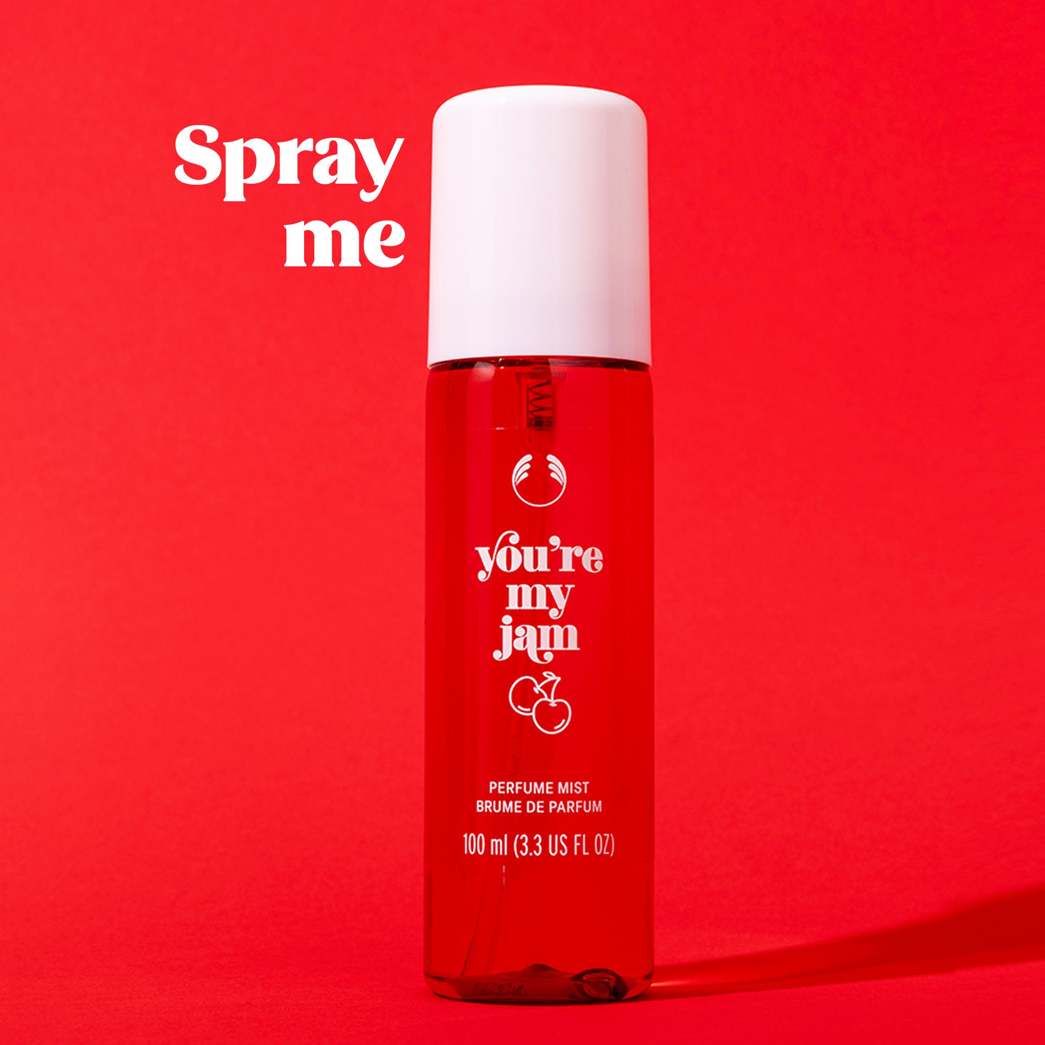 You're My Jam Fragrance Mist - The Body Shop. Bottle against a red background. Overlay text 'Spray me'.